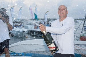 Armel Tripon enjoying his champagne moment after finishing first in the Multi50 class.