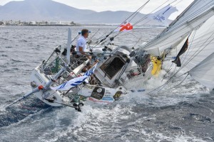 Tapio Lehtinen (FIN) sailing his Gaia 36 Asteria through the Marina Rubicon gate off Lanzarote. Asteria has the lowest freeboard of all the yachts in the GGR.