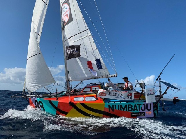 Lanzarote start day, Etienne Messikommer (Switzerland) with his colorful Numbatou (Hull 88)