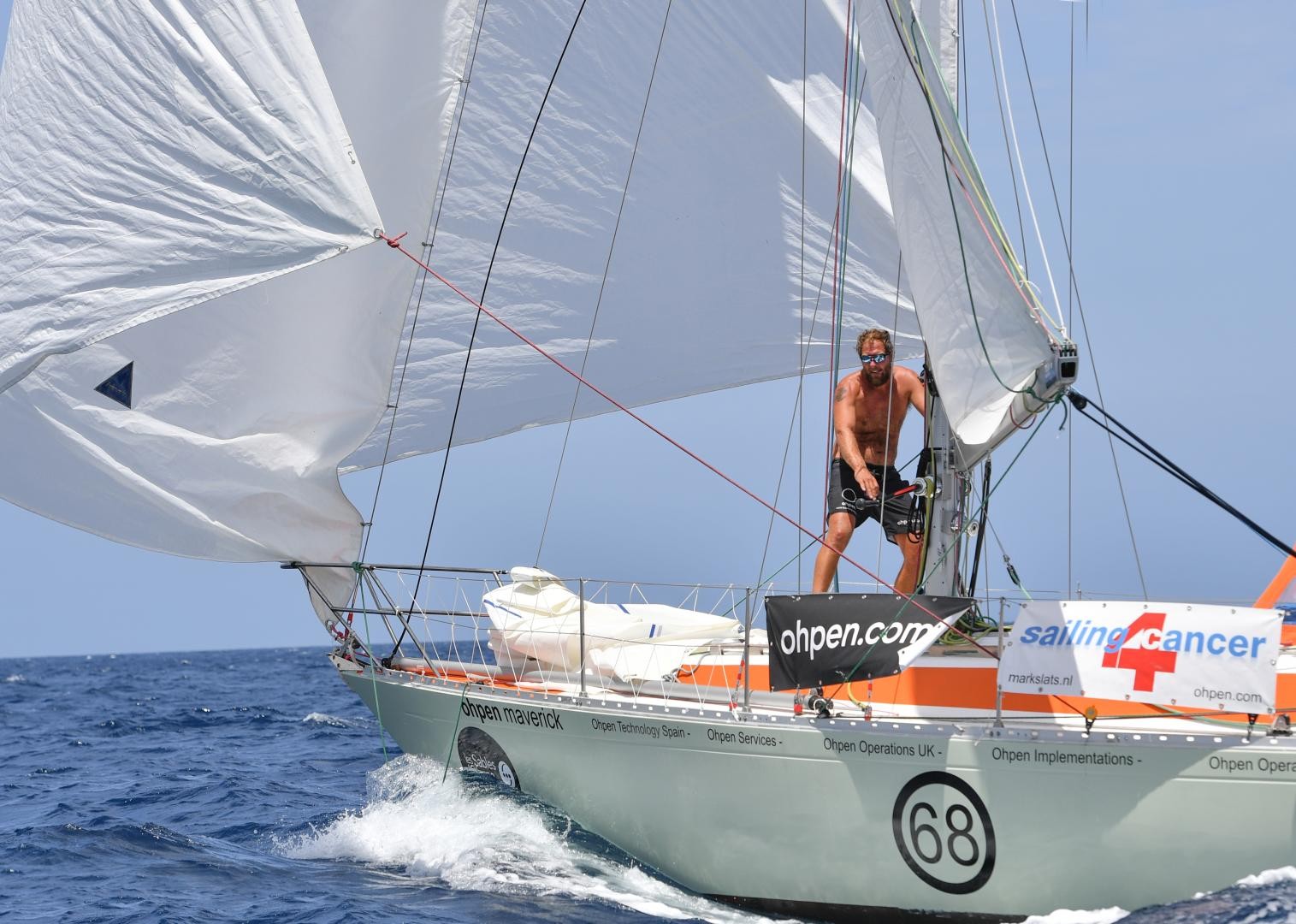 Mark Slats (NED) sailing the Rustler 36 Ohpen Maverick is relishing the  sleigh ride conditions in the trade winds and keeping the pressure on race leader Philippe Péché. Photo: Christophe Favreau