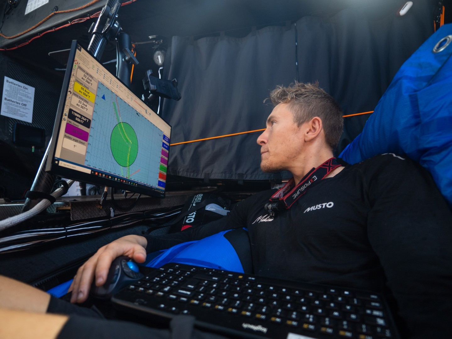 The Ocean Race 2022-23 - 4 May 2023, Leg 4, Day 11 onboard Team Malizia. Skipper Will Harris working on the Nav station.
© Antoine Auriol / Team Malizia / The Ocean Race