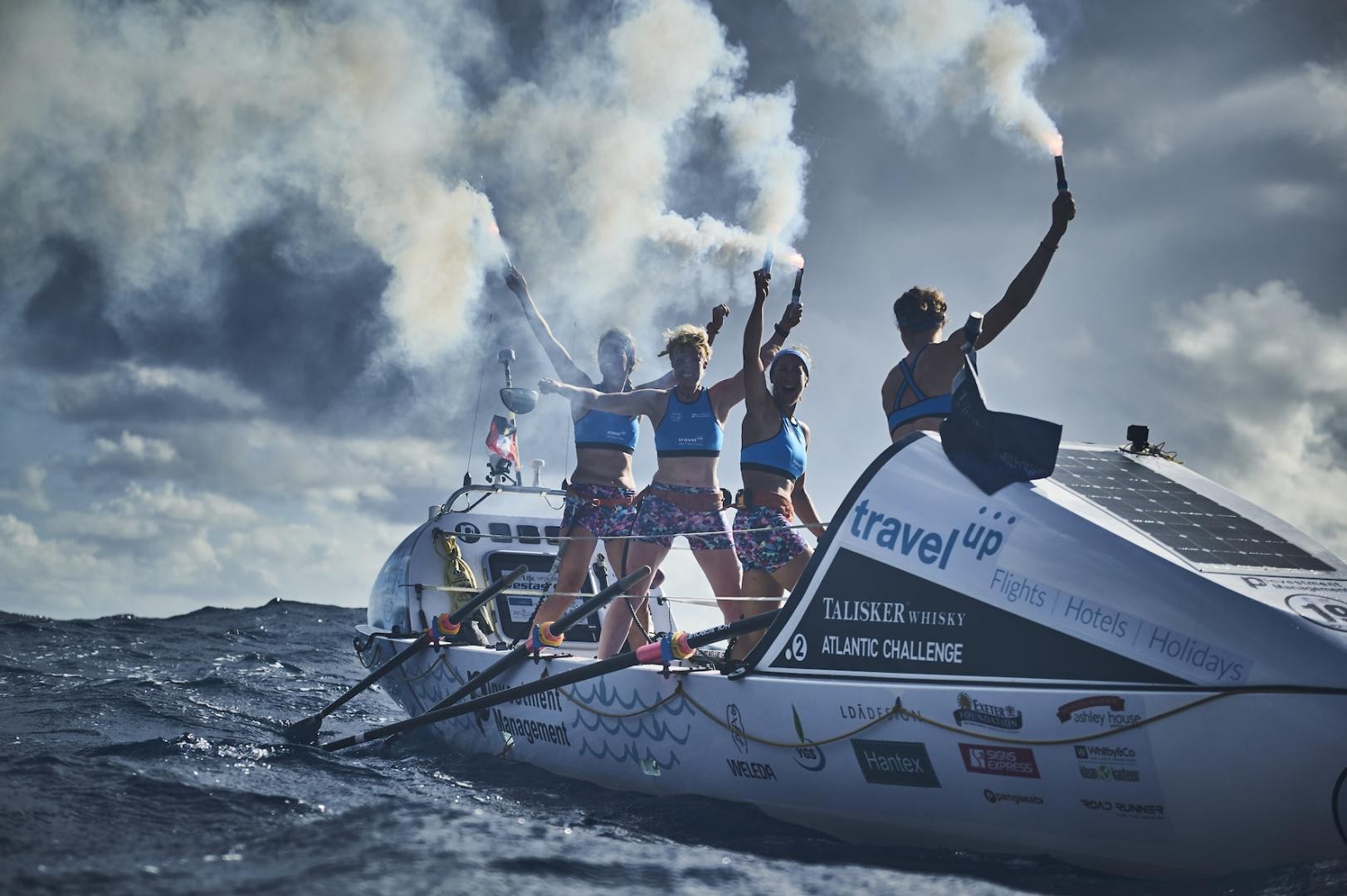 GB female four Row for the Ocean celebrate finishing the Talisker Whisky Atlantic Challenge CREDIT BEN DUFFY