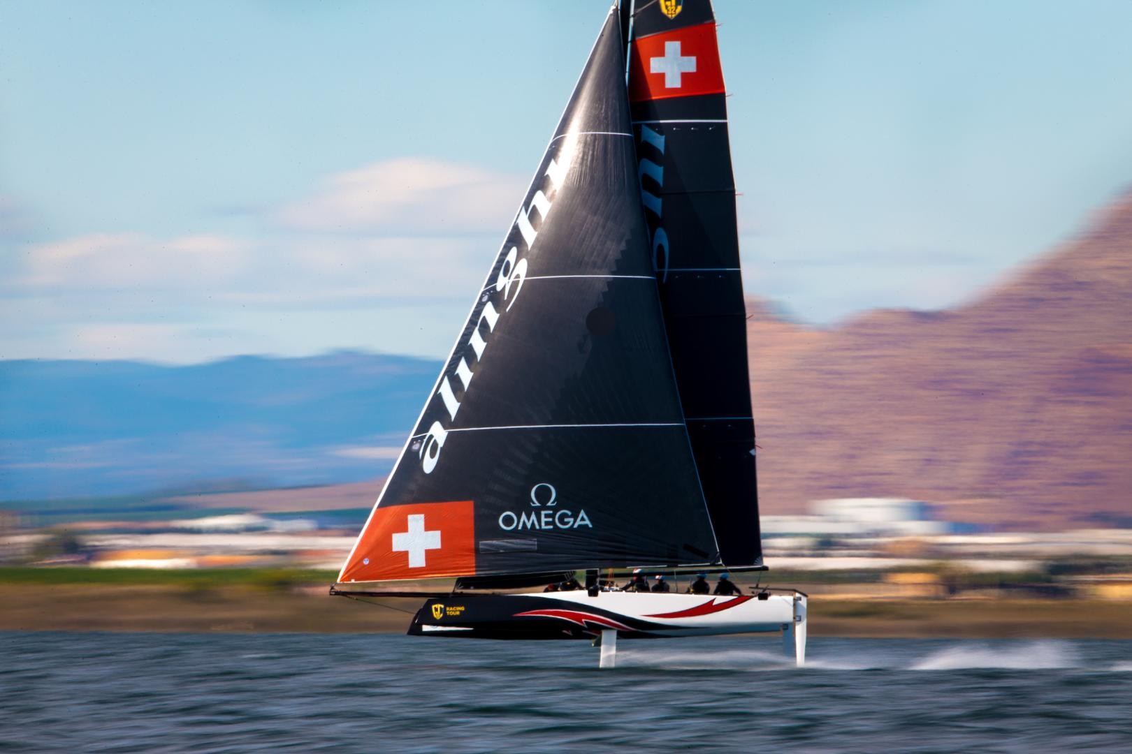 Alinghi at pace today, despite the light conditions. Photo: Sailing Energy / GC32 Racing Tour. 