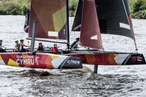 Team Extreme Wales in flight on their home waters in Cardiff Harbour in 2017