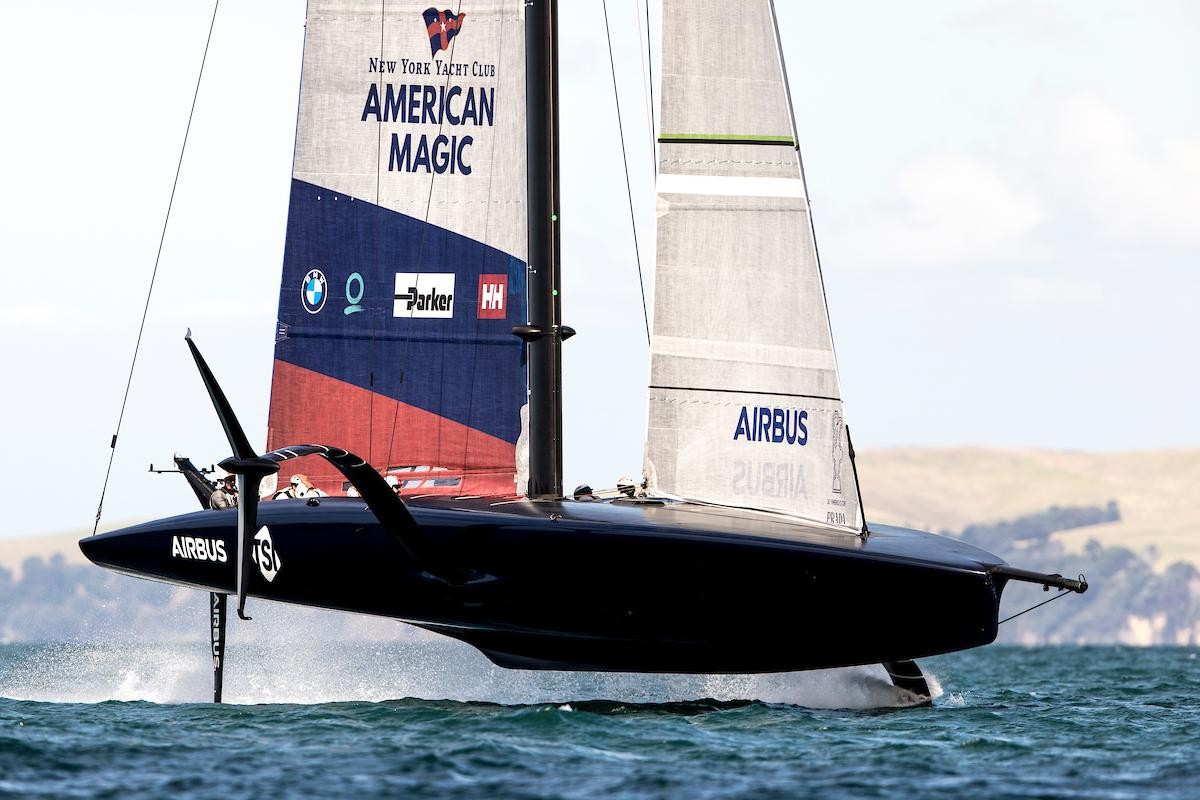 New York Yacht Club American Magic's AC75 PATRIOT training on the Hauraki Gulf in Auckland, New Zealand prior to the PRADA CUP, the AC36 Challenger Selection Series that took place in early 2021. Image &copy; American Magic / Sailing Energy