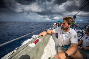 Skipper Simeon Tienpoint lookg at the competition. Leg 8 from Itajai to Newport, Day 2 on board AkzoNobel. 24 April, 2018