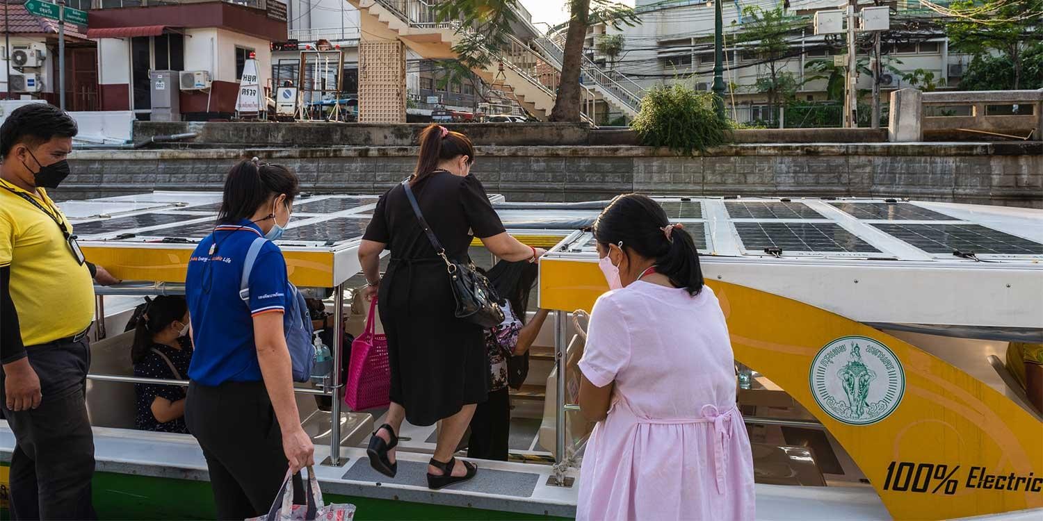 The silent and comfortable electric ferries are enhancing the image of public transport in Bangkok. Credit: Athikhom Saengchai