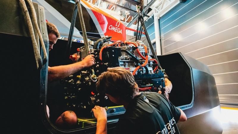 Emirates Team New Zealand Hydrogen foiling chase boat in Fitout preparing for launch