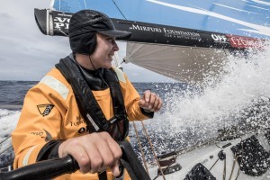 Leg 8 from Itajai to Newport, day 13 on board Turn the Tide on Plastic. 04 May, 2018. Annelise Murphy- One hand for the Pedals , one for the waves. James Blake/Volvo Ocean Race