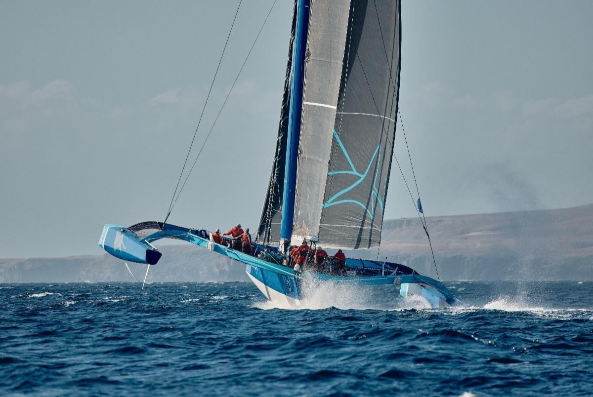 Peter Cunningham's MOD70 PowerPlay (CAY) hit speeds of 33 knots at the start of the RORC Transatlantic Race when 30 boats took the start off Marina Lanzarote for the 3,000 nm race to Grenada