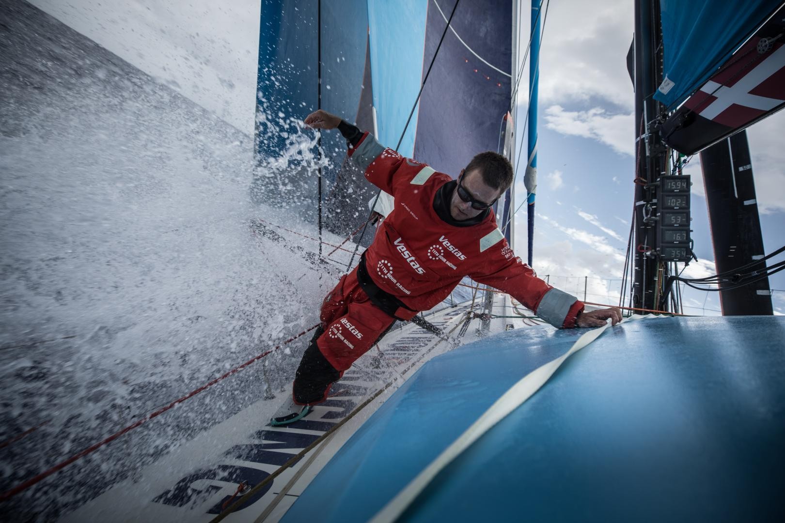 Leg 8 from Itajai to Newport, day 06 on board Vestas 11th Hour. Nick Dana on the edge coming from the bow. 27 April, 2018. Martin Keruzore/Volvo Ocean Race
