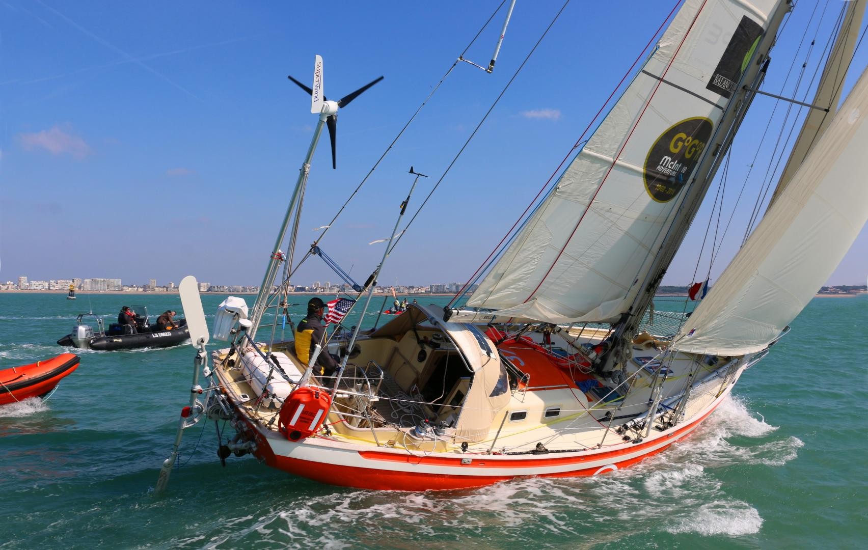 Istvan Kopar and his Tradewind 35 Puffin heading towards the Les Sables d'Olonne finish line today.