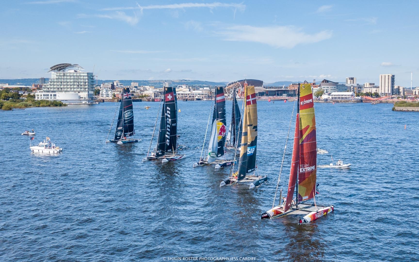 Six GC32 catamarans pre-start, before the foiling kicks off on the waters of Cardiff Harbour in 2017