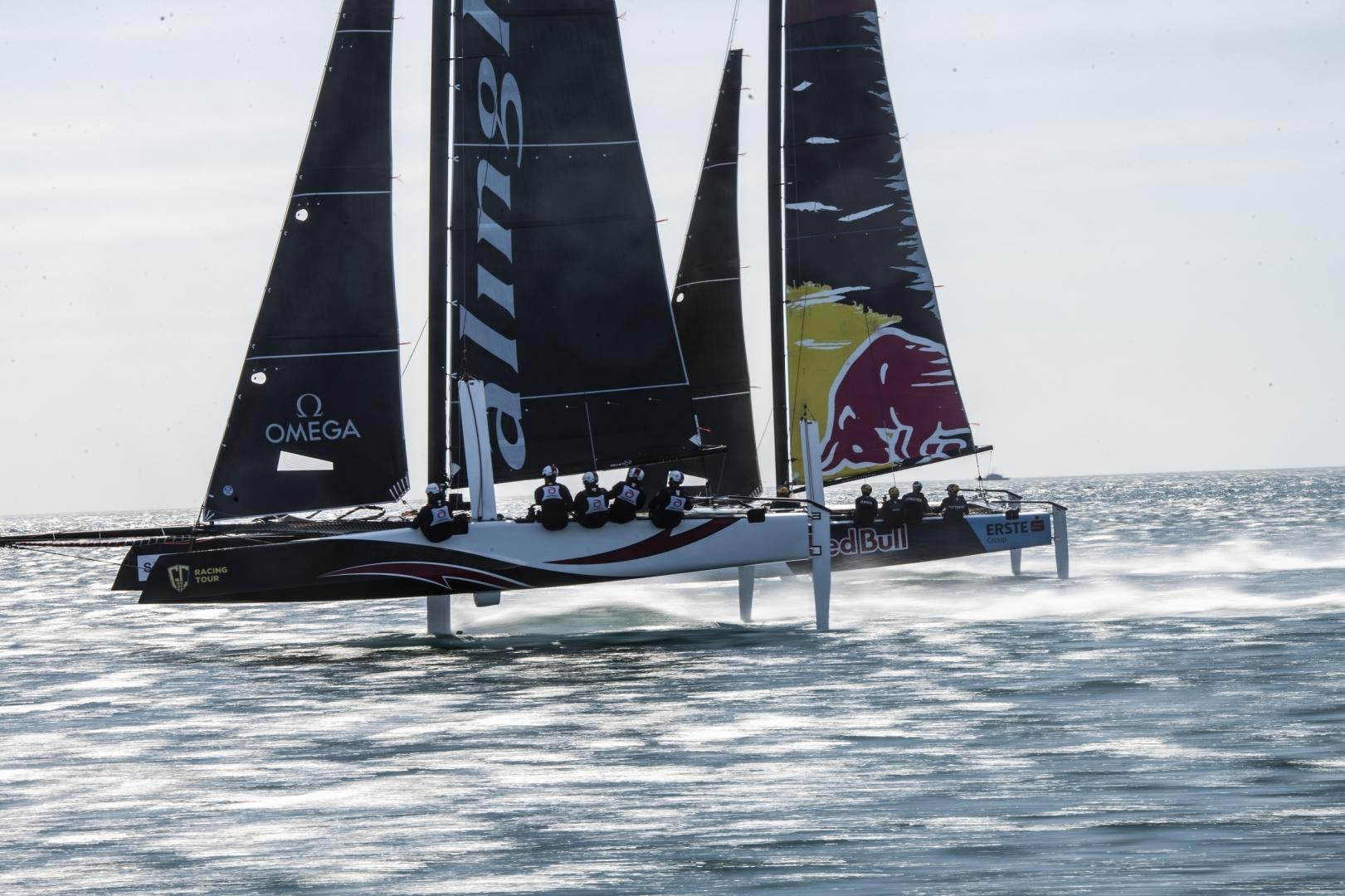 High speed match race between Alinghi and Red Bull Sailing Team.