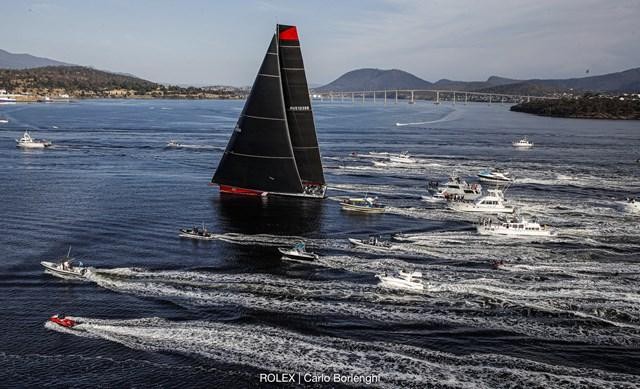 Maxi 100' Comanche approaching the finish line in Hobart, Tasmania