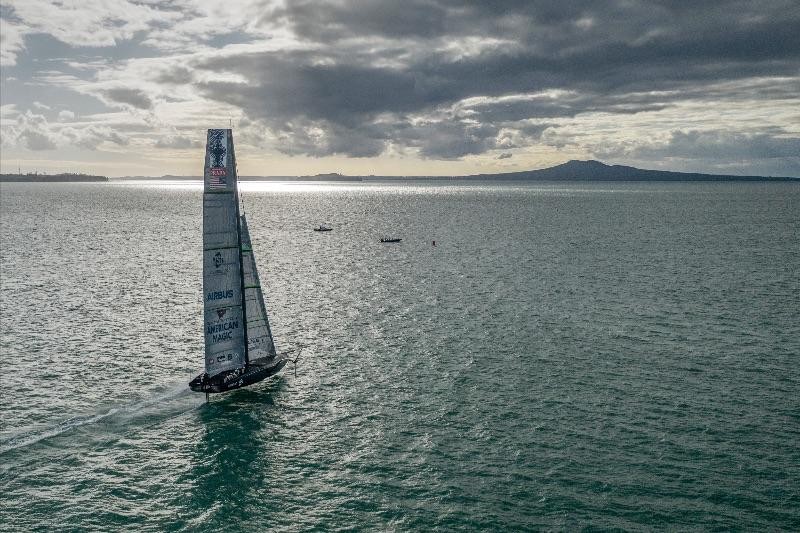 DEFIANT, the first AC75 racing yacht built by U.S. America's Cup Challenger New York Yacht Club American Magic, during one of her final days of testing in Auckland.