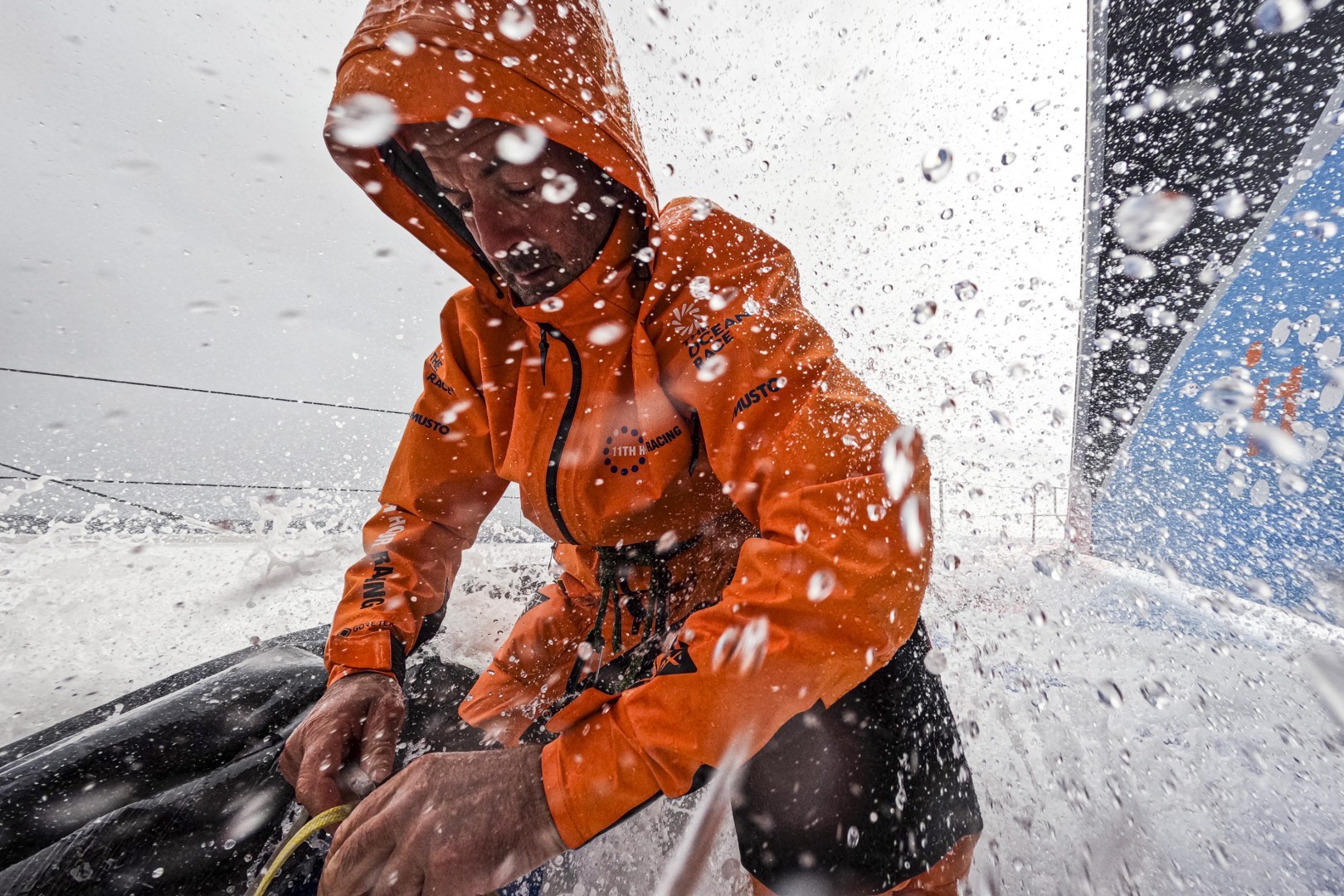 The Ocean Race 2022-23 - 25 April 2023, Leg 4 onboard 11th Hour Racing Team. Damian Foxall on the bow putting the J3 sail away.
© Amory Ross / 11th Hour Racing / The Ocean Race