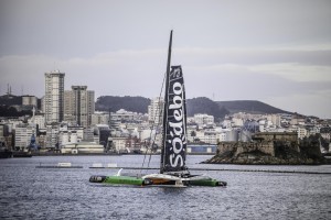 Sodebo Ultim’ re-start from La Coruna in northern Spain where his boat was repaired. Fred Morin / Sodebo