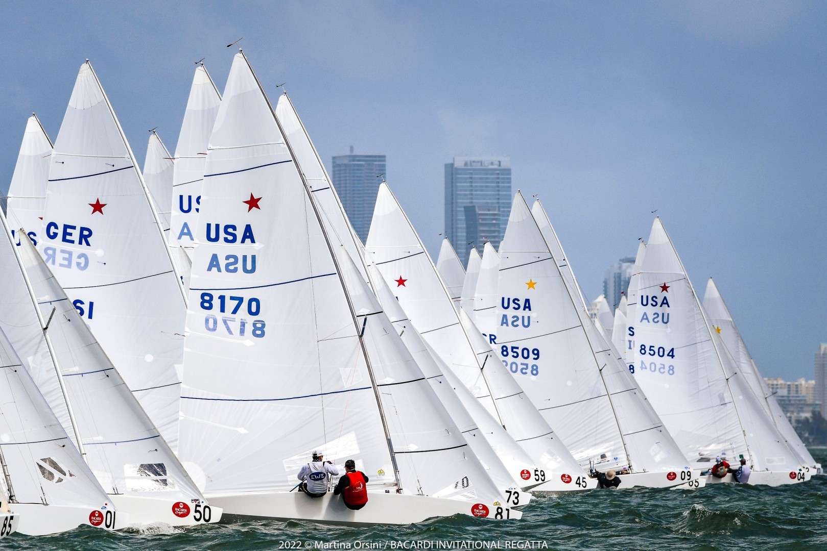 Fifty-eight Star Class teams compete in race 1 at the 95th Bacardi Cup, Miami, USA