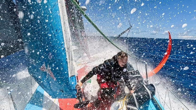 Leg 2, Day 12 onboard Team Malizia. Rosalin Kuiper under a wave one deck. © Antoine Auriol / Team Malizia