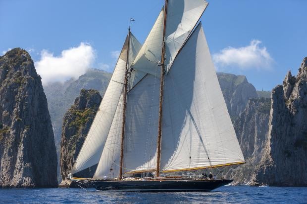Mariette of 1915 closes on the Faraglioni prior to claiming round one of the Schooner Cup Series