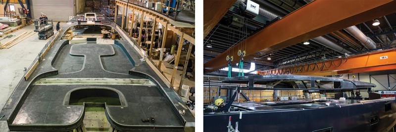 Left, the deck moulding nears completion before being bonded to the main hull structure. Right, the 110's advanced composite deck saloon superstructure is craned into position before being bonded to the deck. Precision design and engineering ensure a perfect fit