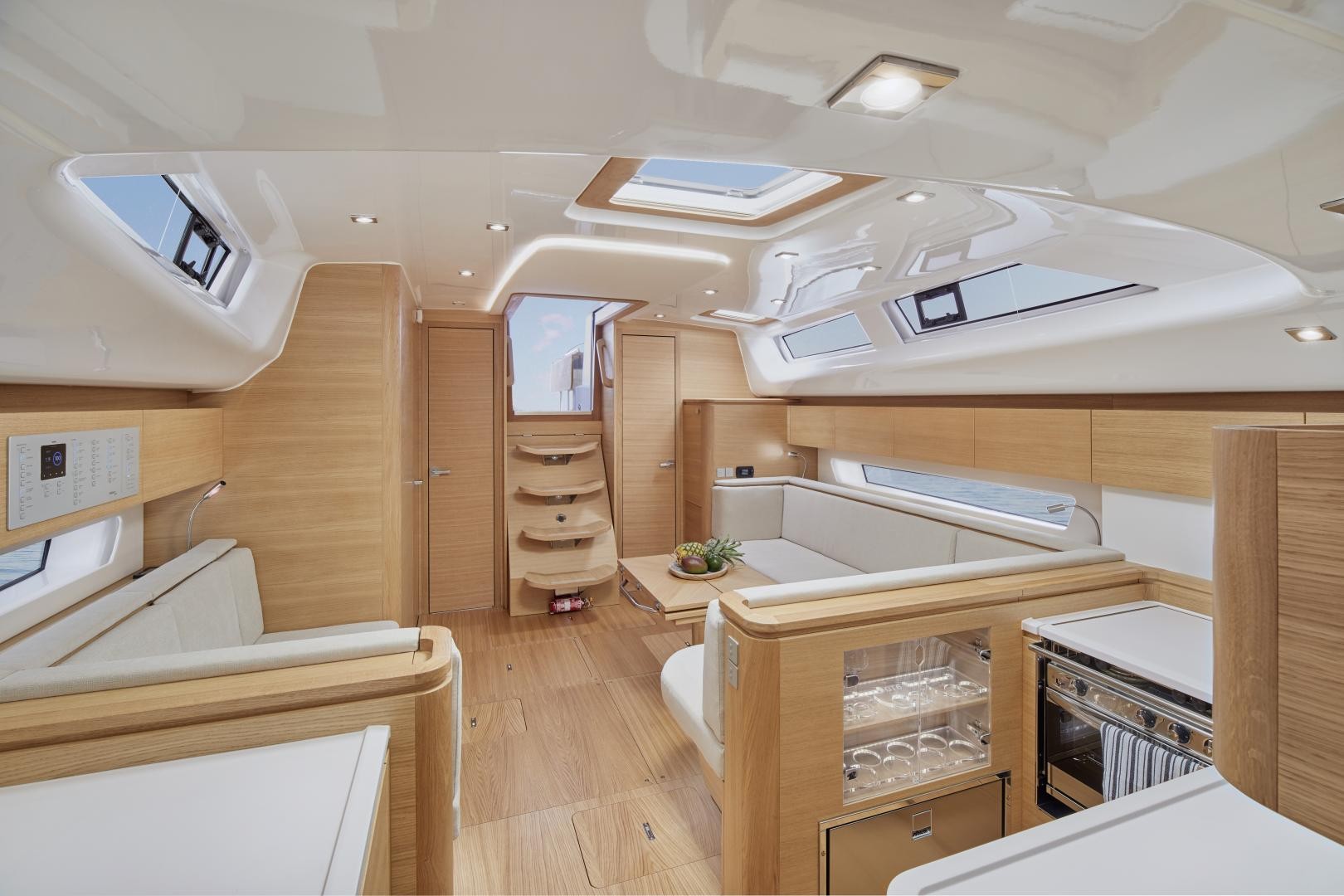 The interior is a successful blend of ergonomic styling and seagoing know-how. 
