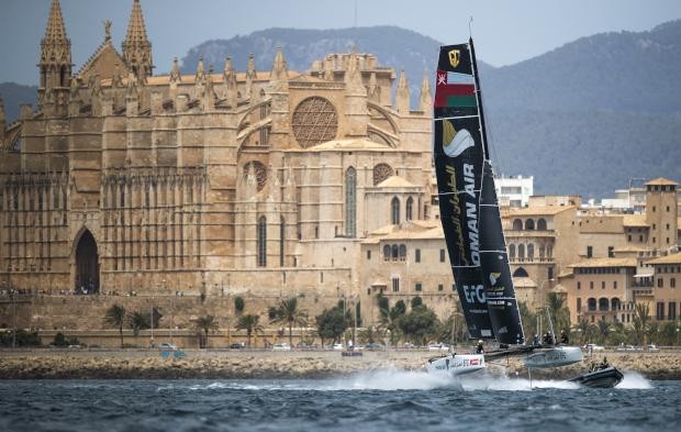 Alinghi and Oman Air are tied after day one of GC32 Racing Tour competition at Copa del Rey MAPFRE