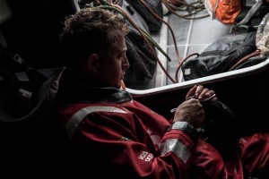 Leg 9 Newport to Cardiff race start on board Sun Hung Kai/Scallywag. Ben Piggott fixing items on boat. 20 May, 2018