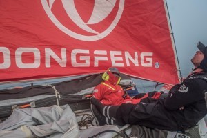 Leg 8 from Itajai to Newport, day 17 on board Dongfeng.
Kevin and Marie sleeping at the bow, waiting for the finish.