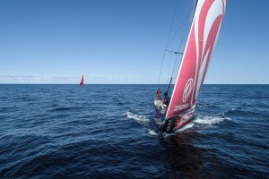 Leg 11, from Gothenburg to The Hague, day 03 on board Dongfeng. Drone shot with Mapfre. 23 June, 2018. Martin Keruzore/Volvo Ocean Race