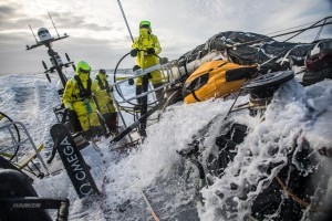 Leg 3, Cape Town to Melbourne, day 09, on board Brunel, Peter Burling steering, Louis at the aft pedestal, Abby at the antenna. 18 December, 2017. Ugo Fonolla/Volvo Ocean Race