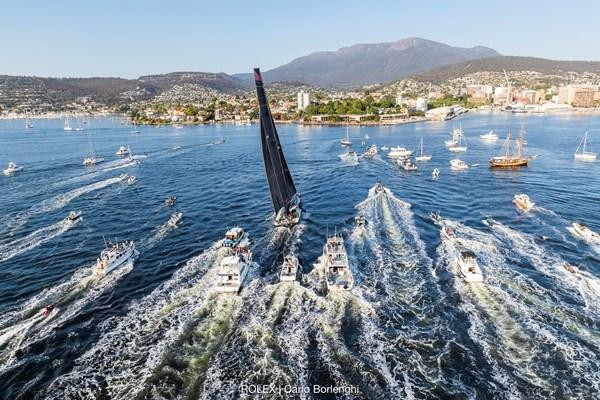 Comanche arriving to Hobart to claim Line Honours victory at the 2019 Rolex Sydney Hobart