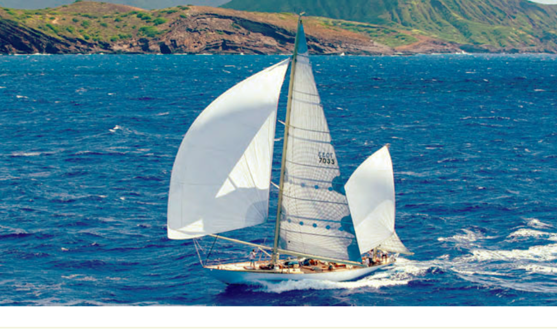 The 1939 S&S yawl Chubasco nears the end of the 2019 Transpac Race with a four-sail reach