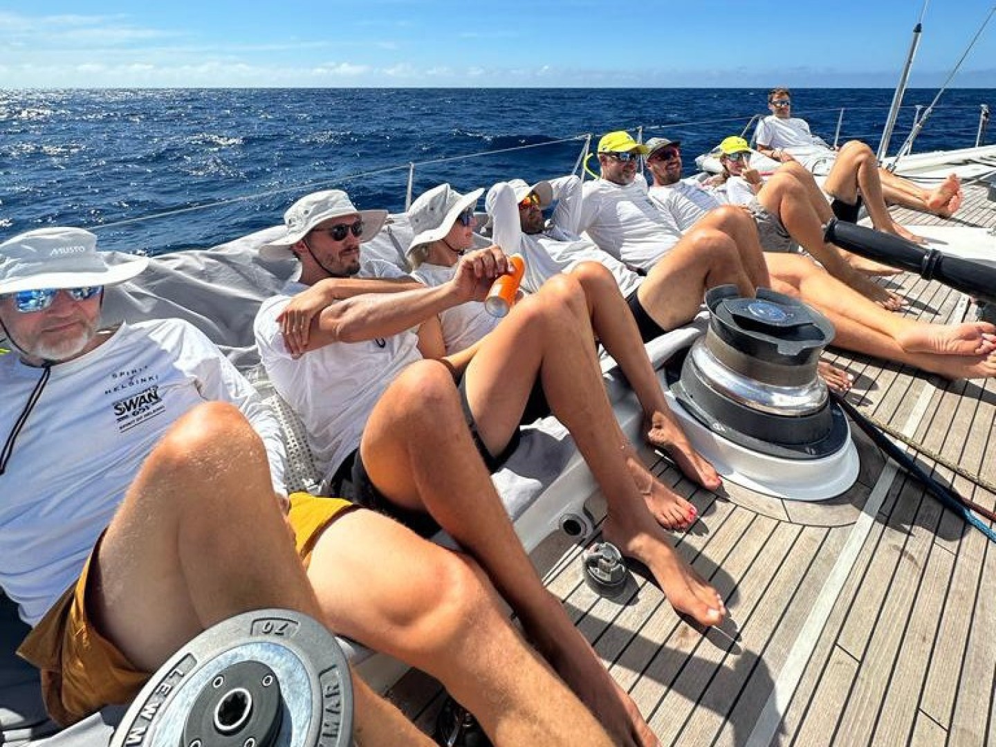 How hard is it to beat Pen Duick VI? The crew of Spirit of Helsinki chilling out after grabbing the lead. McIntyre OCEAN GLOBE 2023 – COPYRIGHT FREE for Editorial Use. Credit: OGR2023/Spirit of Helsinki