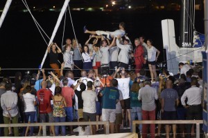 Meilhat celebrating his biggest win to date on the dock in Guadeloupe