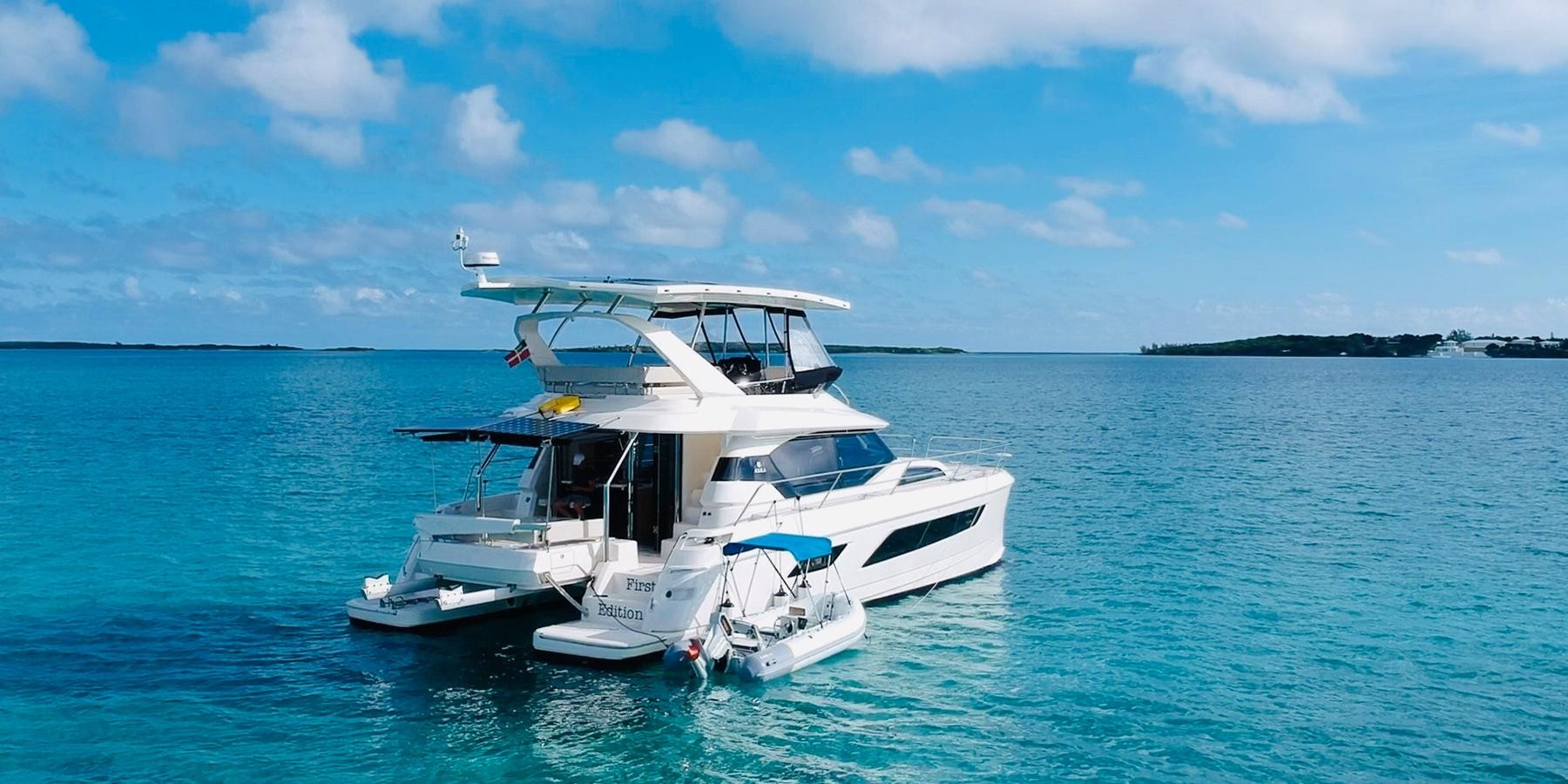 A large, comfortable cruising motor yacht running on solar energy