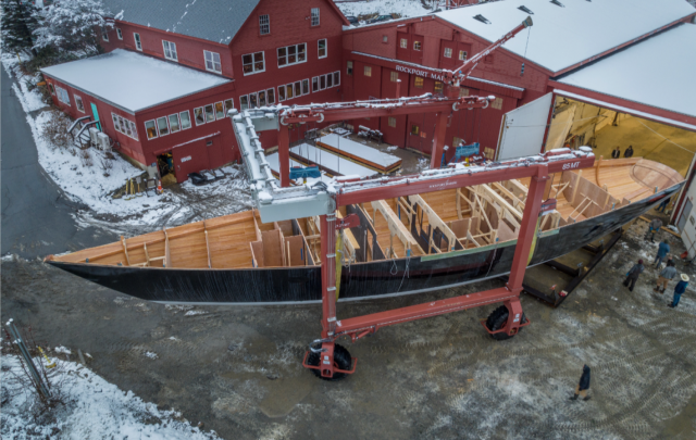 Hull of 95 foot sailing yacht Project Ouzel goes right side up under the snow